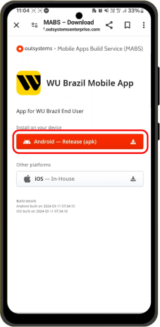 Selecione "Android" para começar o download do app